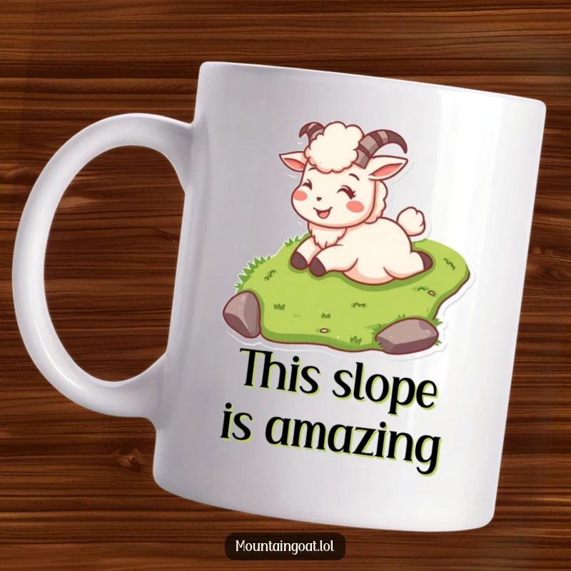 Funny mountain goat on a mug, happily sliding down a grassy slope with a wide smile.
