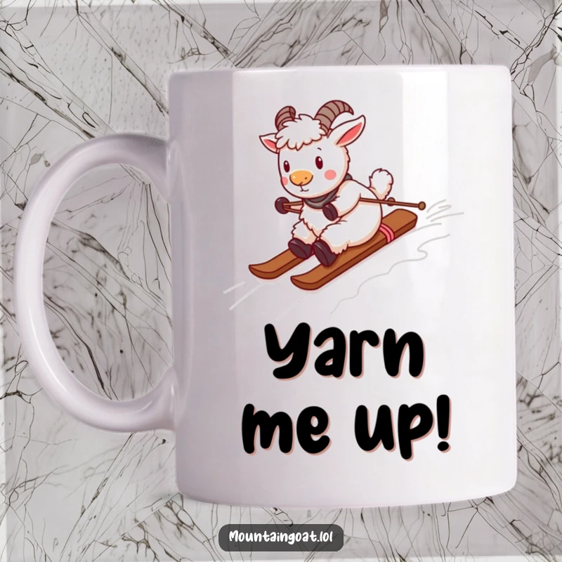 Funny playful mountain goat character sliding down a ski slope made entirely of colorful yarn, depicted on a mug.