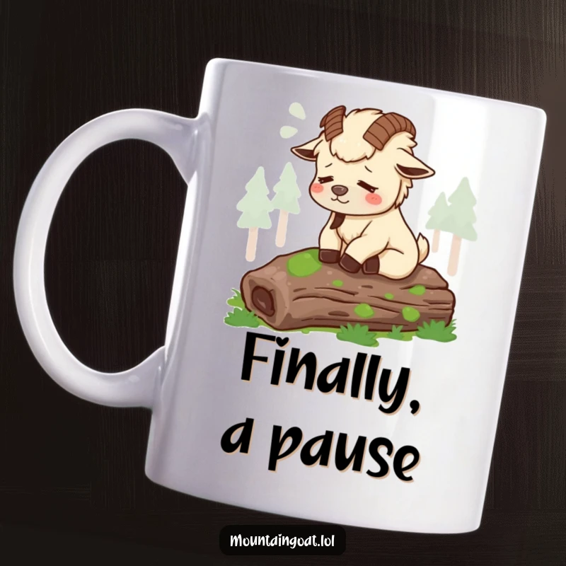 Funny tired mountain goat sighing contentedly while resting on a mossy log, conveying perfect relaxation on a mug.