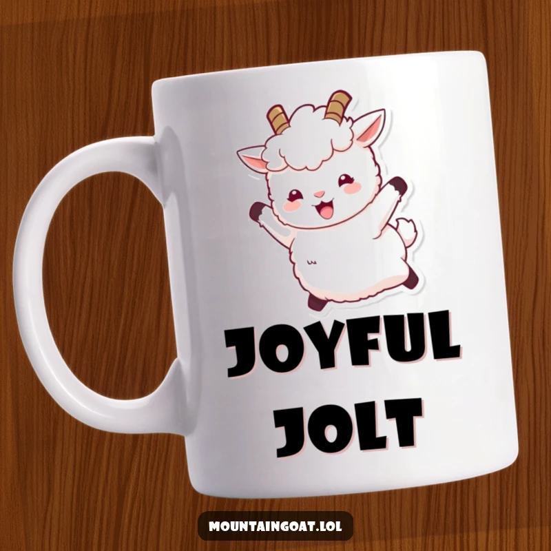 Funny mug featuring a fluffy white mountain goat character with tiny horns leaping joyfully, radiating pure happiness and energy.