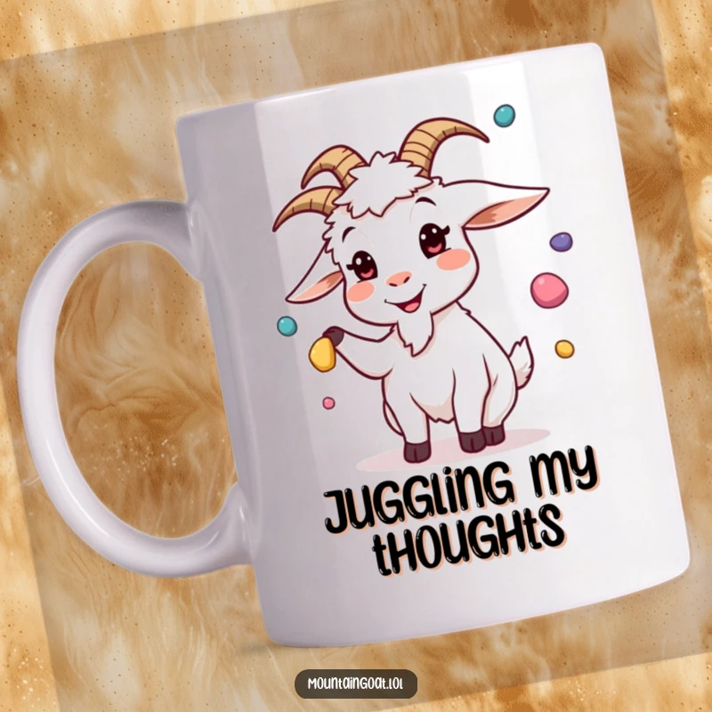 Funny mug showing a goat with a silly expression juggling colorful pebbles, a comical scene perfect for adding humor to your day.