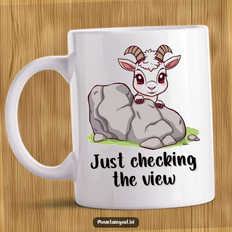 Funny Mountain Goat Mug, peeking mischievously from behind a jagged rock, with a curious expression, perfect for hikers gift.