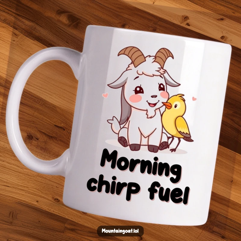Funny mountain goat mug with a character giggling alongside a small bird, depicting heartwarming animal friendship and humor.