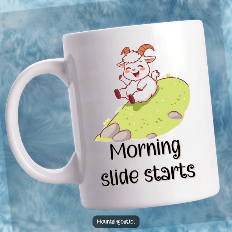 Funny joyous mountain goat, playfully sliding down a gentle grassy slope, radiating happiness and carefree fun.