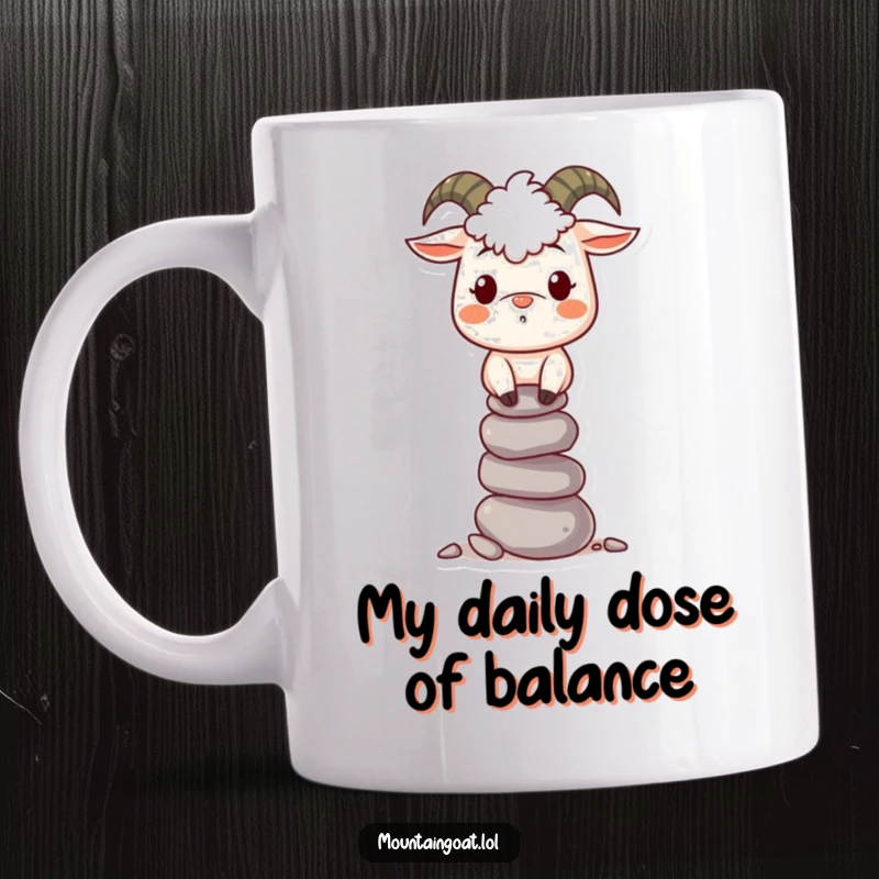 Funny Mountain Goat Mug: A cheerful goat smiles while balancing a precarious stack of pebbles, ideal for coffee lovers.