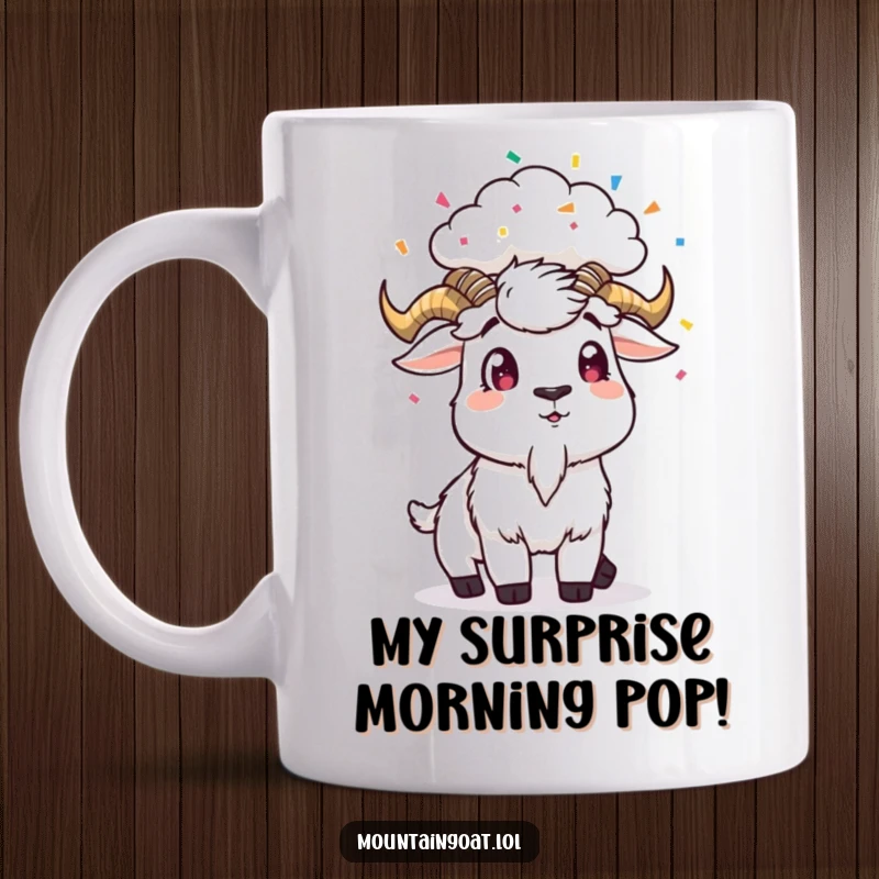 Funny Mug: A startled mountain goat looks up as a small cloud rains colorful confetti on its head.