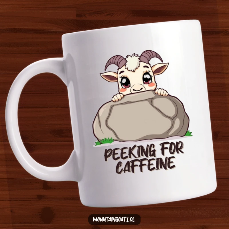 Funny curious mountain goat, peeking over a large boulder with wide pupils, showcasing wonder and playful surprise.