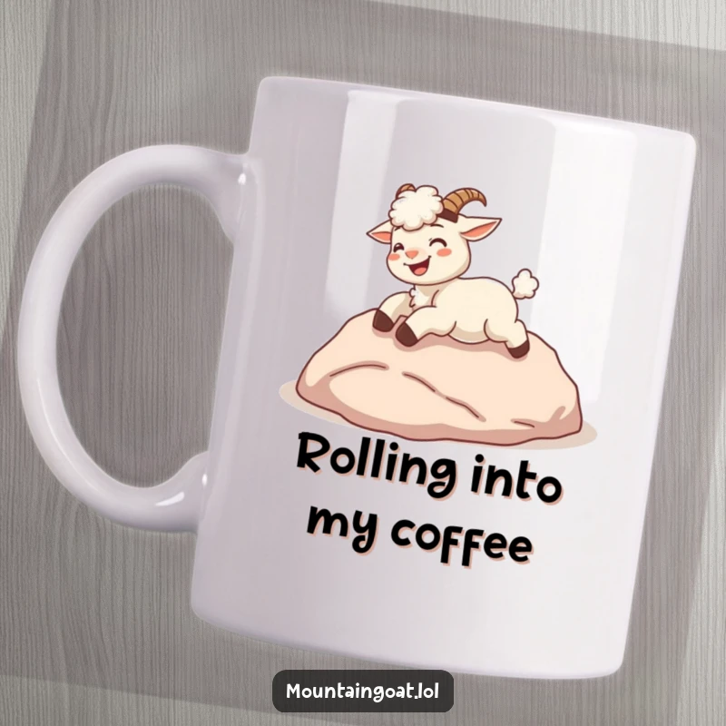 Funny kawaii mountain goat giggling uncontrollably while rolling down a soft, green hill, on a mug.