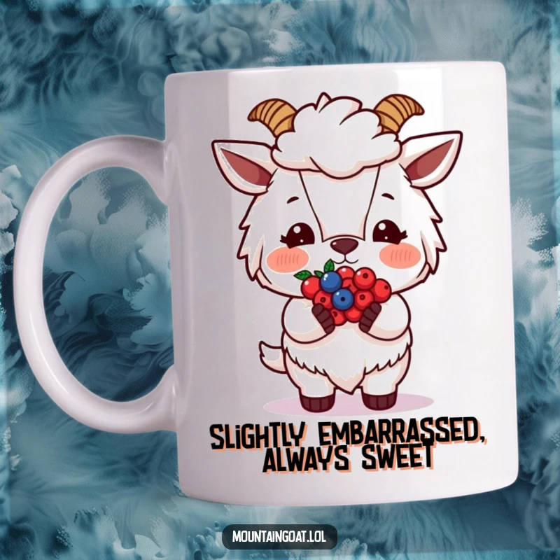 Funny Blushing Goat Mug, a cute mountain goat character with rosy cheeks offering a small bunch of berries, radiating shy charm.