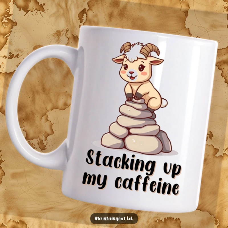 Funny kawaii mountain goat with a determined expression carefully balancing a precarious stack of small pebbles on a mug.