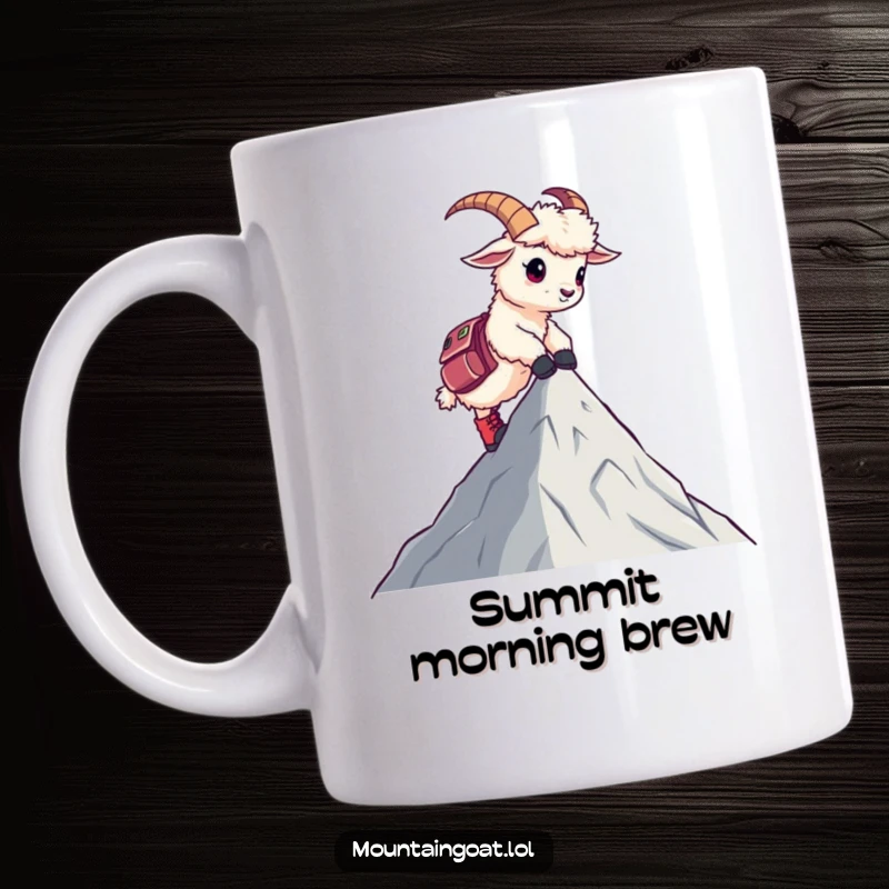 Funny mug featuring a kawaii mountain goat in tiny hiking boots reaching a peak, radiating cute and humorous determination.