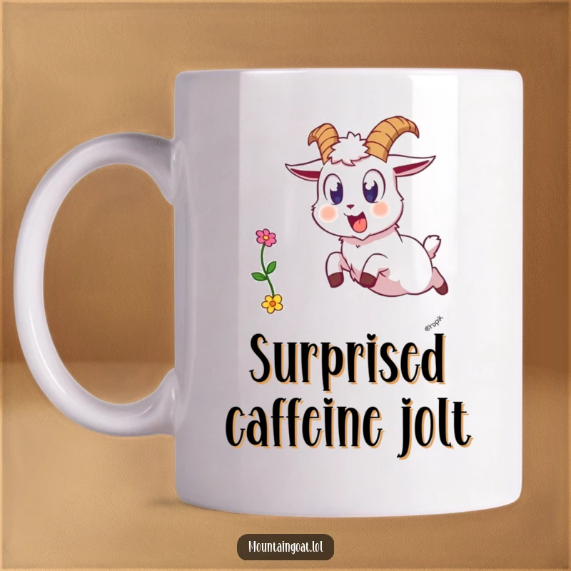 Funny startled mountain goat mug, wide-eyed and leaping backward, accidentally dropping a delicate flower in surprise.