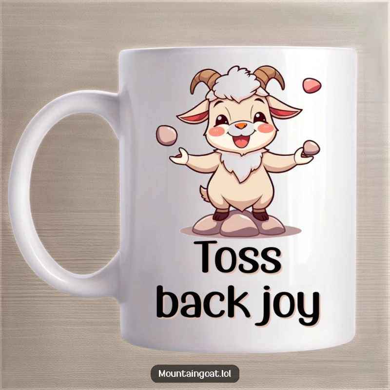 Funny joyous mountain goat character happily juggling three small, shiny pebbles, depicted on a ceramic mug.