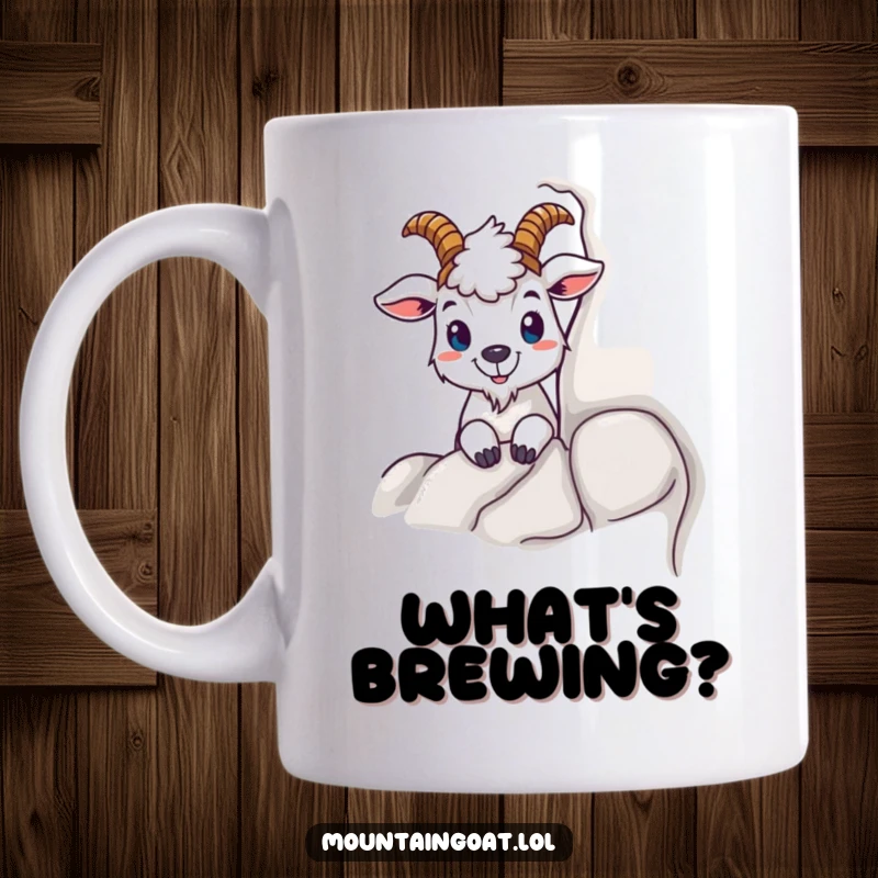 Funny mug with a mountain goat character curiously peeking from behind a large rock, inviting smiles and playful interaction.