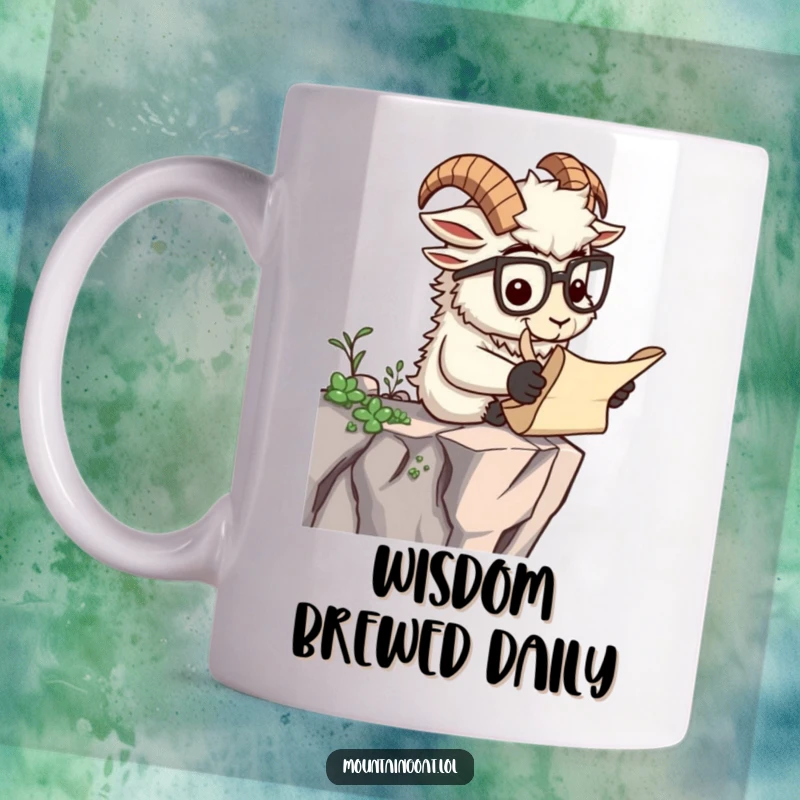 Funny mug featuring an intellectual mountain goat character wearing spectacles, engrossed in reading a scroll on a cliff.