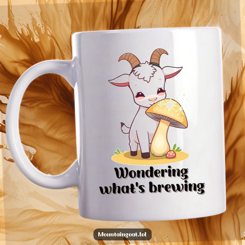 Funny curious goat with large eyes sniffing a sparkling, oversized mushroom on a mug, conveying wonder and playful exploration.',