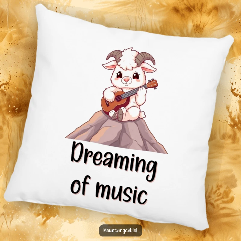 Funny fluffy mountain goat playing a ukulele on a peak, soft and comfortable music-themed pillow.