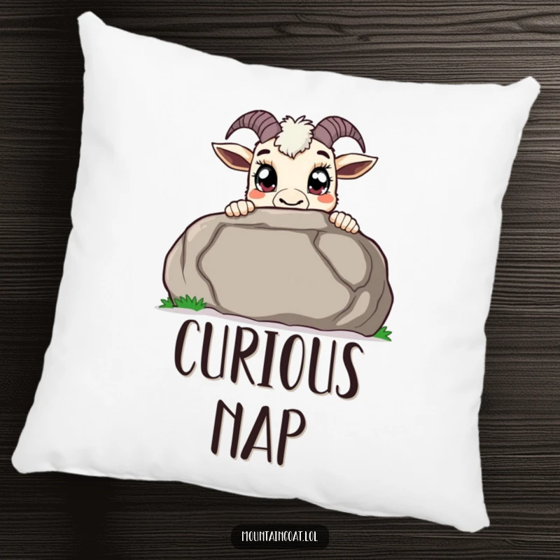 Funny curious mountain goat pillow, peeking over a large boulder with wide pupils, designed for comfort and a delightful touch of intrigue.