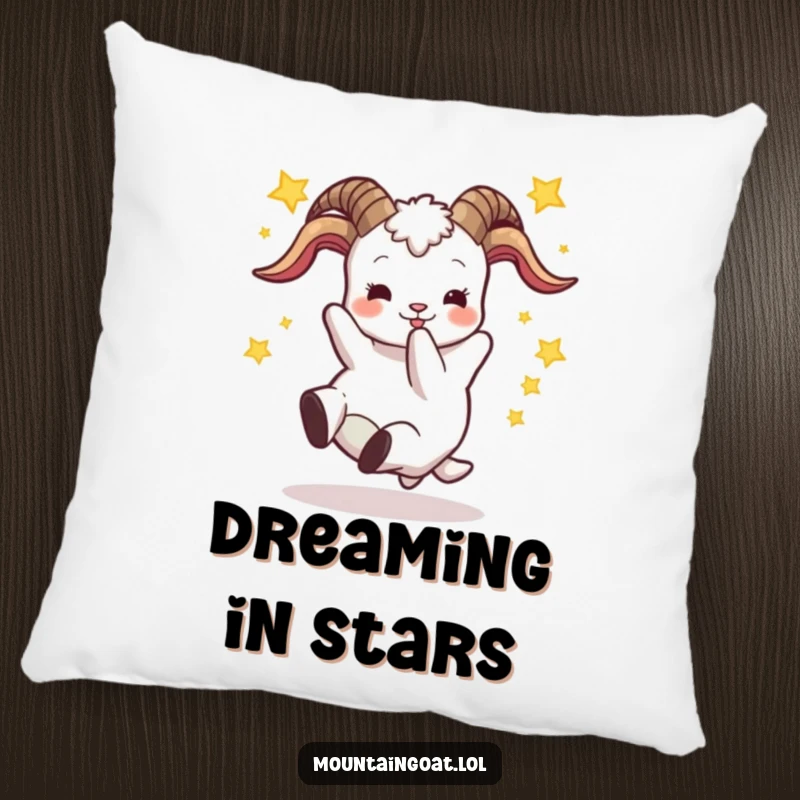 Funny pillow with a goat tumbling backward through stars, providing a soft touch and a humorous visual for delightful decor.