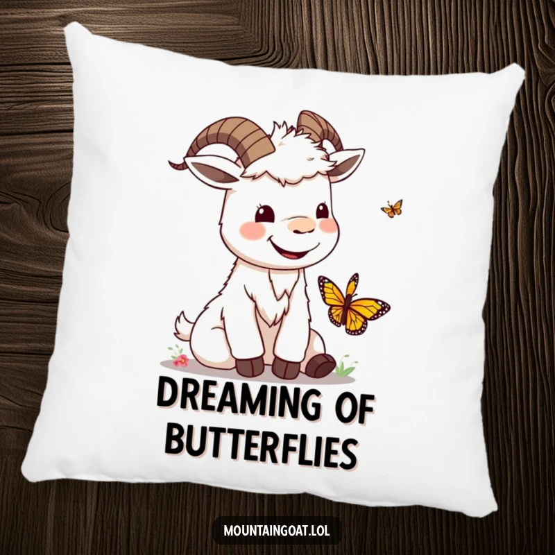Funny kawaii mountain goat with a silly smile playing with a butterfly, a soft pillow that brings comfort and humor.
