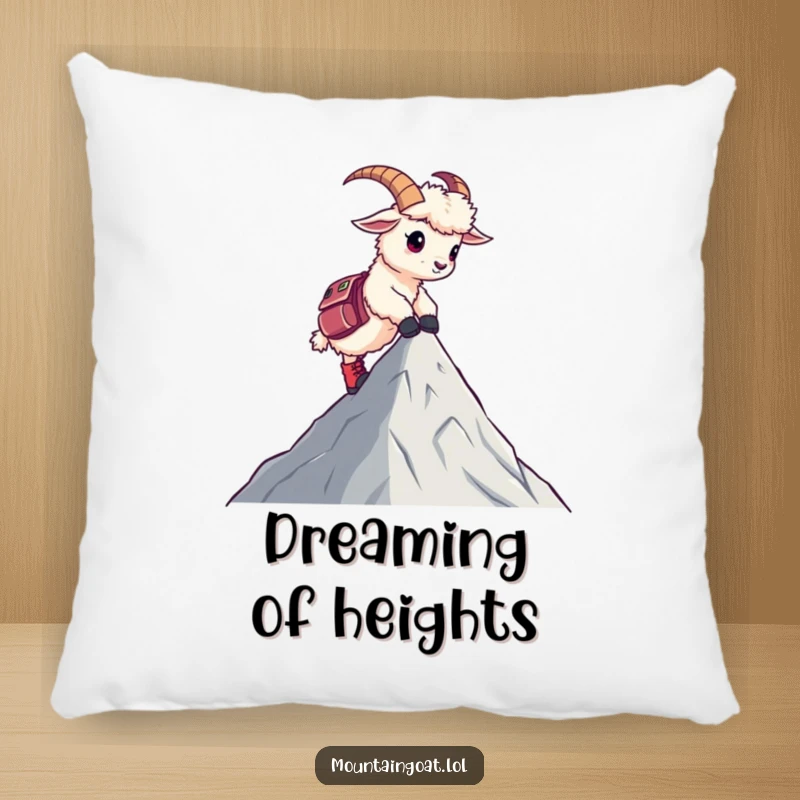 Funny pillow featuring a kawaii mountain goat in hiking boots at a peak, designed for humorous comfort and cute decor.