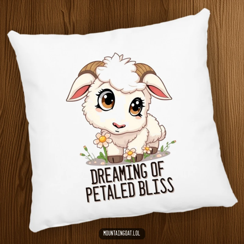 Funny kawaii mountain goat with big eyes sniffing a flower, a soft pillow that adds charm and humor.