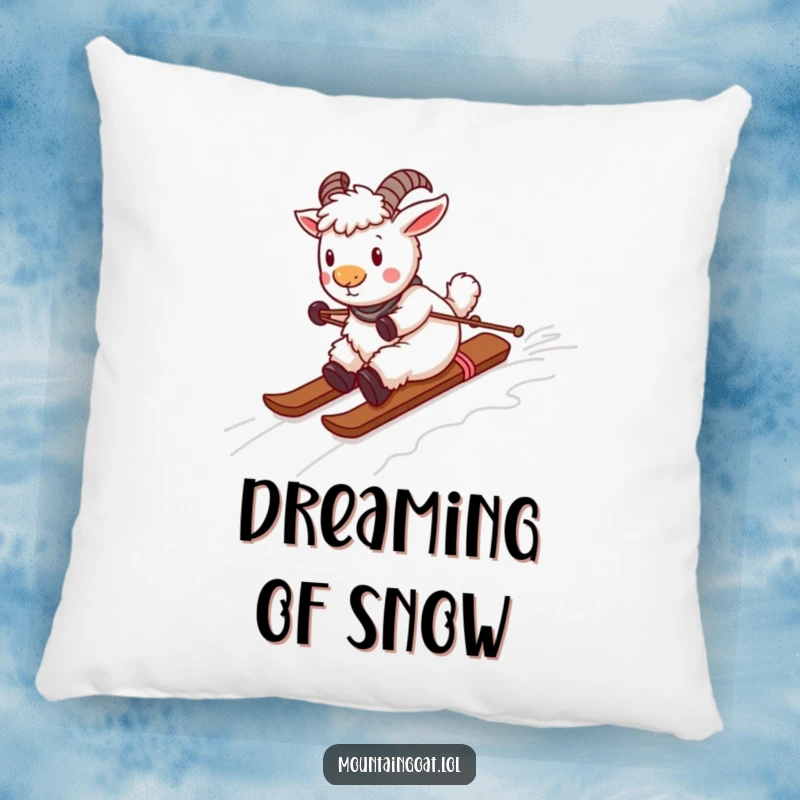 Funny playful mountain goat sliding down a yarn ski slope, featured on a soft decorative pillow. Cute and comforting.