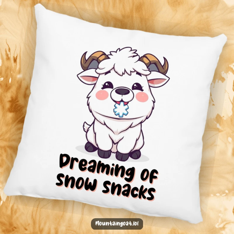 Funny Kawaii mountain goat capturing a snowflake on its tongue, radiating delight. A soft and humorous pillow for cozy spaces.