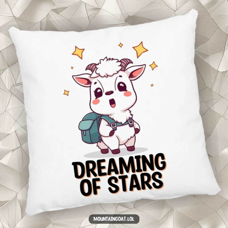 Funny pillow with a startled mountain goat wearing a backpack looking up at stars, offering cozy comfort and cosmic humor.