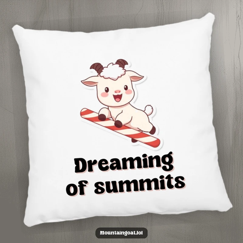 Funny kawaii mountain goat with rosy cheeks playfully jumping over a candy cane, depicted on a soft and humorous pillow.