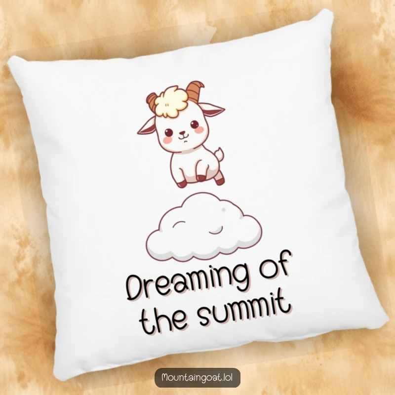 Funny kawaii mountain goat in a joyful leap across a fluffy cloud, printed on a soft, decorative pillow.