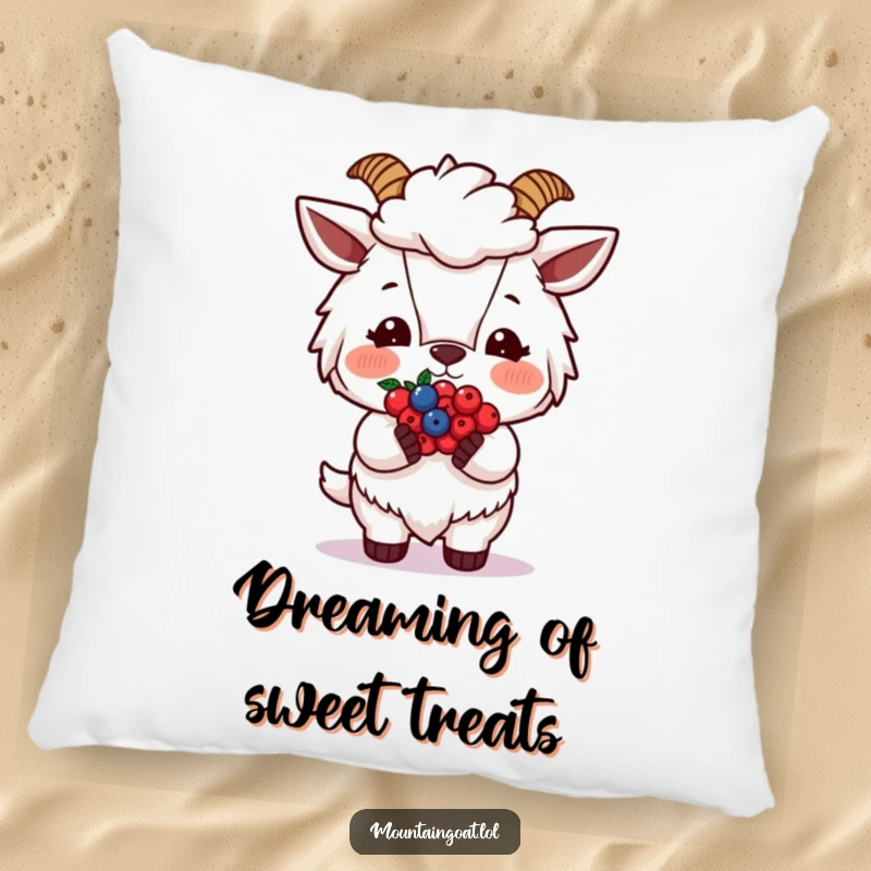 Funny Blushing Goat Berries Pillow, featuring a shy goat offering berries, perfect for adding sweet, humorous decor.