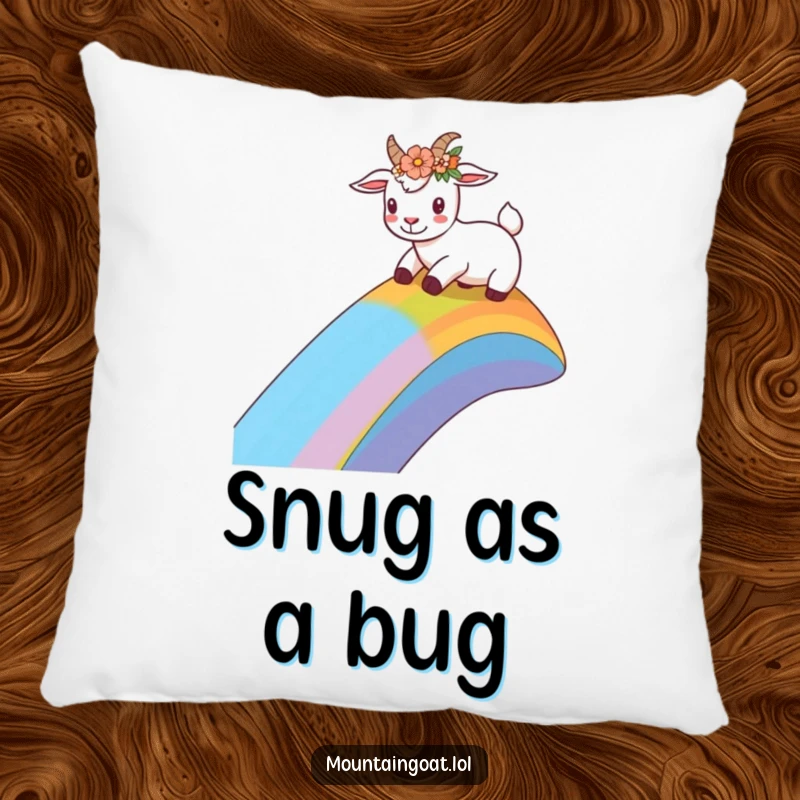 Funny goat with a flower crown sliding down a rainbow slope on a decorative pillow, adding a touch of whimsical joy.',