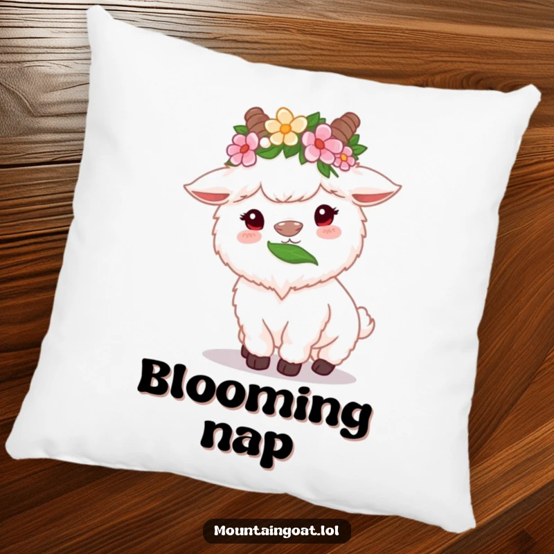 Funny fluffy white mountain goat pillow with flower crown, happily munching on a high leaf, designed for comfort and a touch of whimsy.