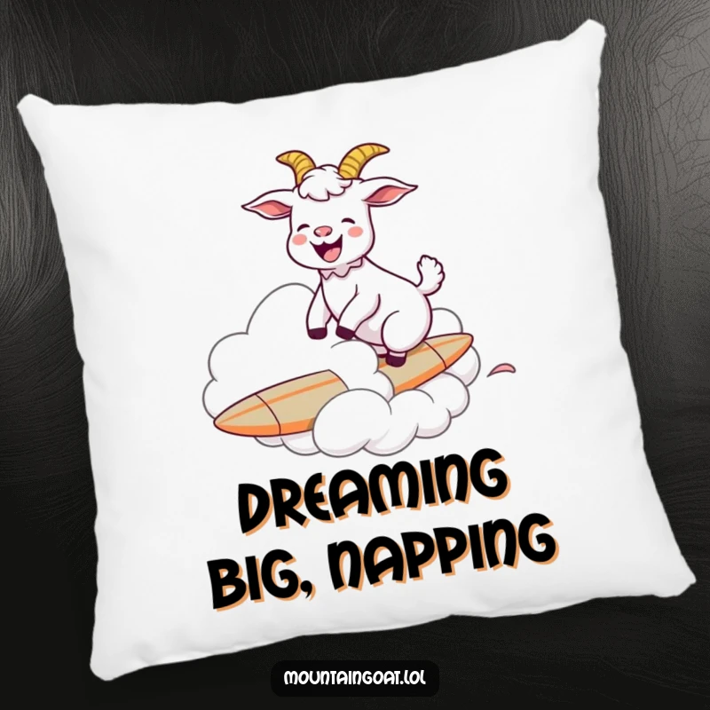A soft, decorative pillow featuring a funny goat humorously surfing on a cloud, perfect for adding a touch of fun.