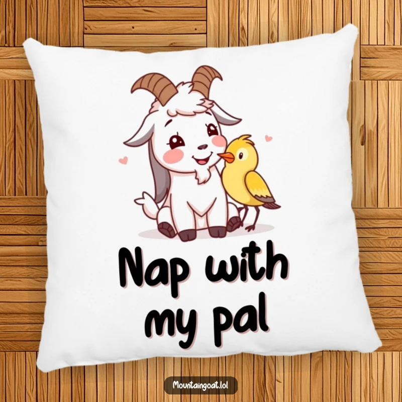 Funny mountain goat pillow featuring a character giggling with a bird, perfect for comfort and adding playful humor.