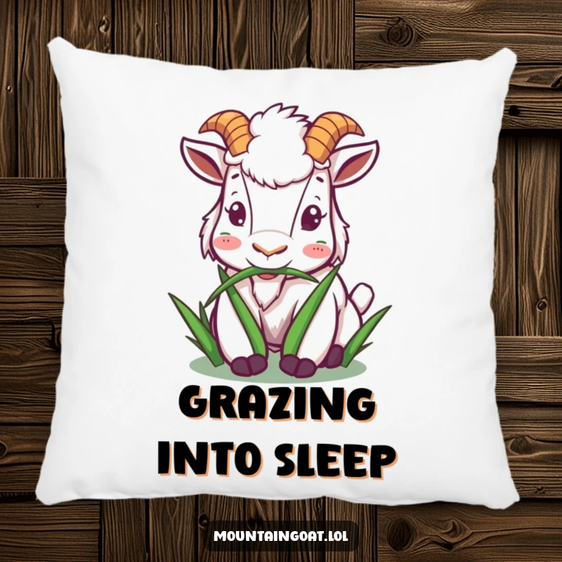 Funny mountain goat pillow featuring a character happily munching on grass, perfect for comfort and adding peaceful humor.