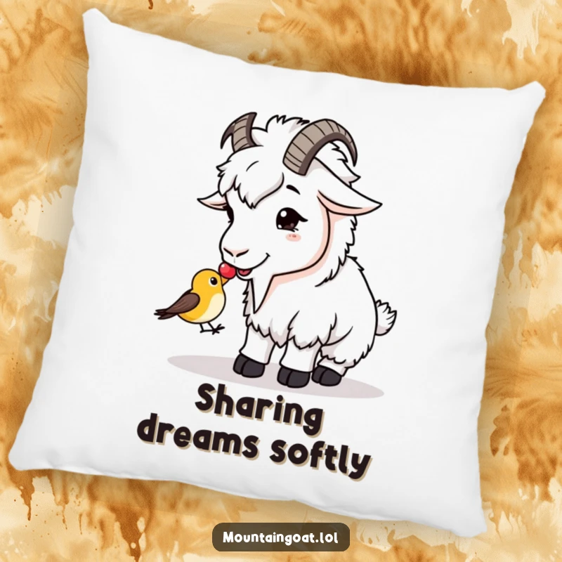 Funny Pillow: A mountain goat shares a berry with a tiny bird, offering comfort and humor.