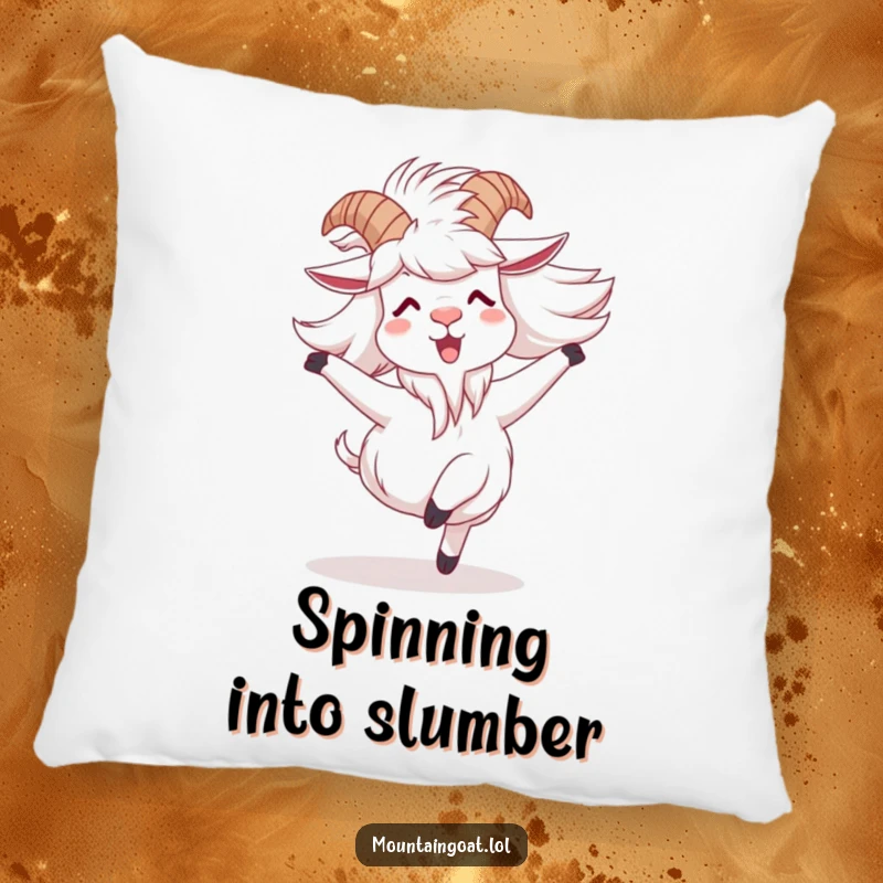 Funny mountain goat pillow featuring a character joyfully spinning with windblown fur, perfect for comfort and adding spirited humor.