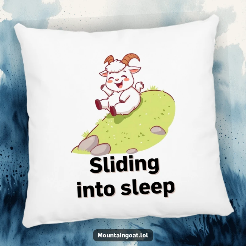 Funny joyous mountain goat pillow, playfully sliding down a gentle grassy slope, designed for comfort and a delightful touch of fun.