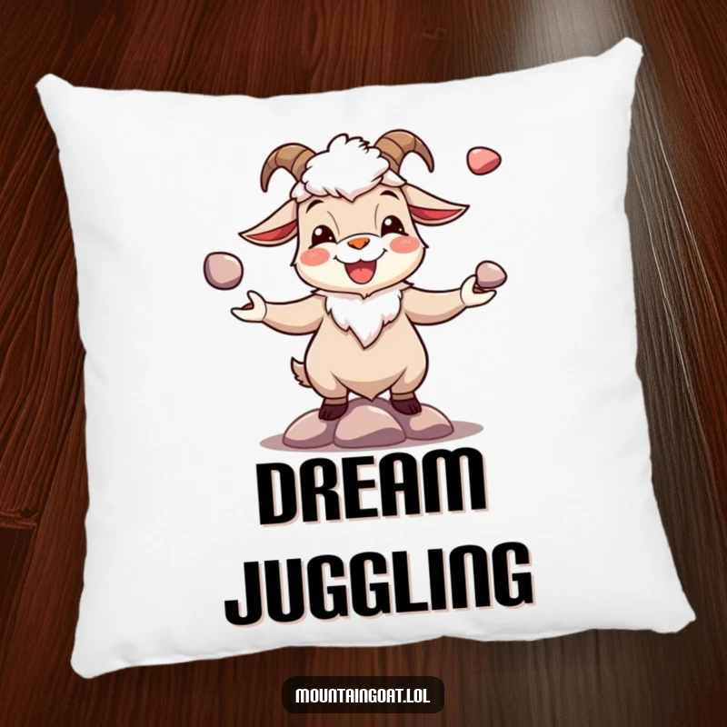 Funny joyous mountain goat juggling shiny pebbles, featured on a soft decorative pillow. Cute and comforting.
