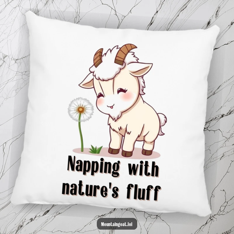 Funny Goat Dandelion Pillow: A soft pillow showcasing a kawaii goat's playful headbutt on a dandelion, bringing cozy humor.