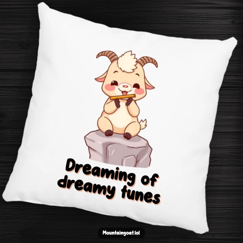 Funny kawaii mountain goat playing a flute on a mountain ledge, printed on a soft and cozy decorative pillow.