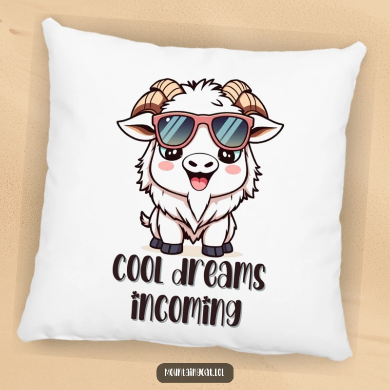 Funny Kawaii mountain goat pillow featuring a smiling goat with oversized sunglasses, ideal for adding cute comfort.