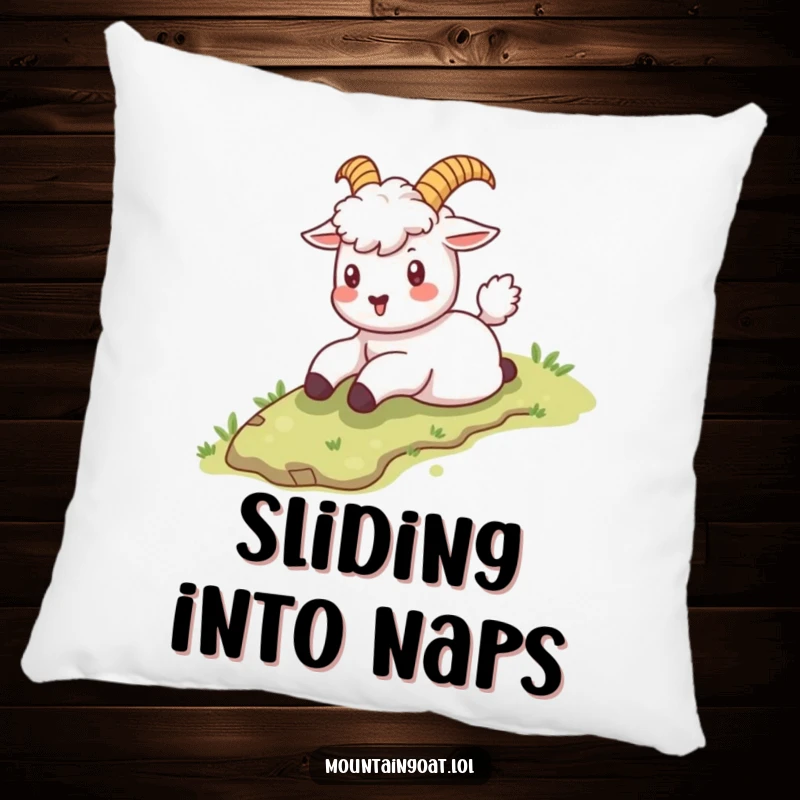 Funny kawaii mountain goat sliding down a grassy slope, a soft pillow that brings comfort and playful humor.