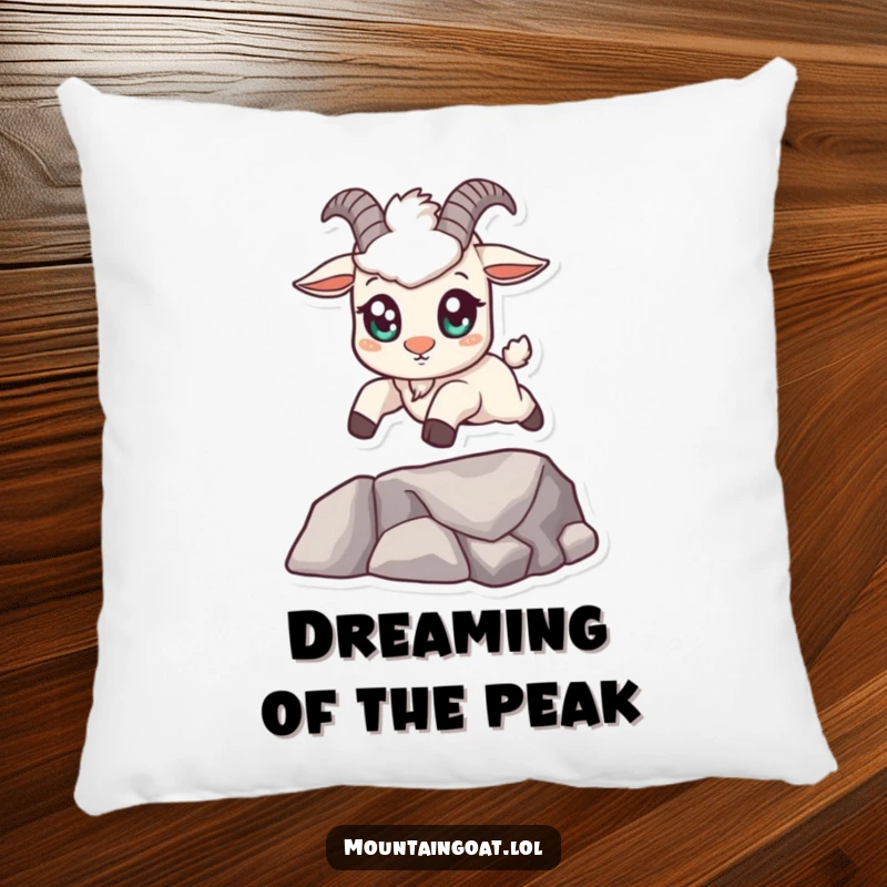 Funny kawaii mountain goat pillow with big eyes, confidently leaping across a small gap, adding comfort and a humorous touch to any space.