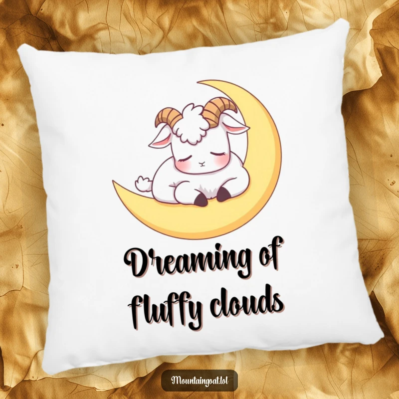 Funny pillow with a mountain goat napping on a crescent moon, providing humorous comfort and a touch of whimsy.