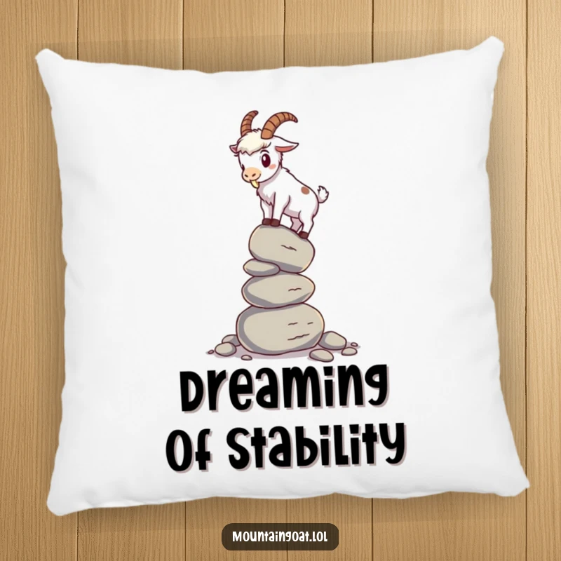 Funny mountain goat pillow featuring a goat balancing on a wobbly stack of pebbles, offering a soft and humorous decorative element.
