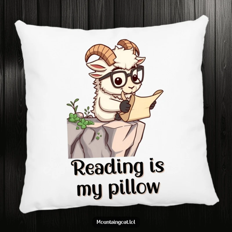Funny pillow with a scholar mountain goat wearing spectacles and reading a scroll, offering cozy comfort and intellectual humor.