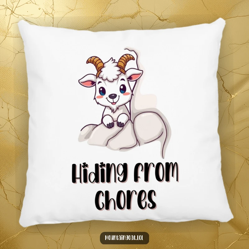 Funny pillow featuring a mountain goat character peeking from behind a rock, providing comfort and a humorous, intriguing decorative element.